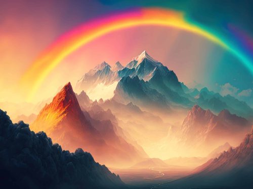 rainbow with a soft background of mountains,
